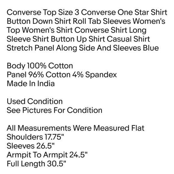 Converse Top Size 3 Converse One Star Shirt Button Down Shirt Roll Tab Sleeves - Picture 2 of 6